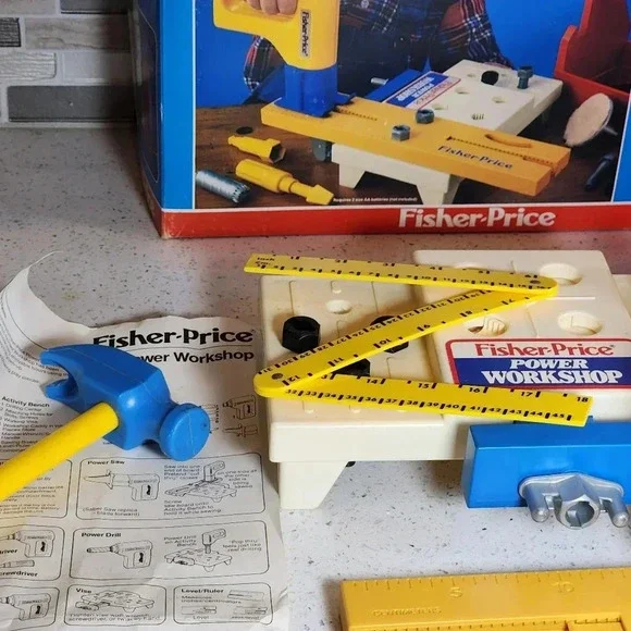 Vintage Fisher Price Power Workshop Tool Box Drill Caddy 1986 Toy With Box - Picture 8 of 11